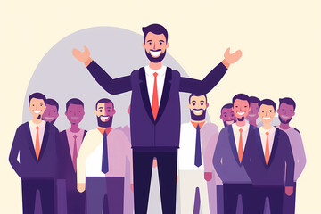 An illustration of a male leader enthusiastically leads his group into success.