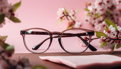 Translucent Frame of glasses of round shape on on a pastel pink background and flowers. Generative AI