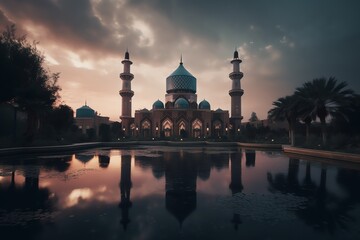 Fototapeta na wymiar mosque full object perspective photo generate AI, for ramadhan kareem, eid al fitr, eid adha, islamic event