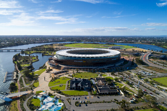 Perth, Western Australia, Australia - April 23, 2020: Aerial view of Stadium Park and Optus Stadium on the Swan River