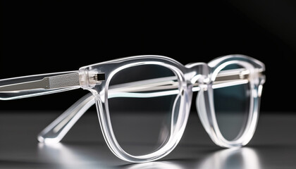 Fototapeta na wymiar Translucent eyeglass frames on a table on a black background. Generative AI