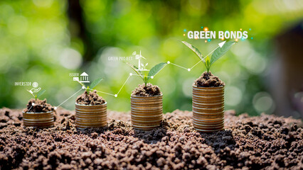 GREEN PROJECT coin stack mechanism gives bond concept Raising funds to support green projects green...