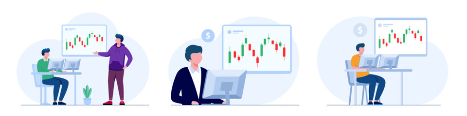 Stock market isolated set. Financial statistics, market research, investments, trading. Vector illustration for blogging, website, mobile app, promotional materials.
