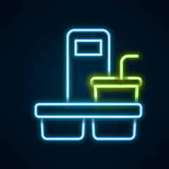 Glowing neon line Coffee cup to go icon isolated on black background. Colorful outline concept. Vector