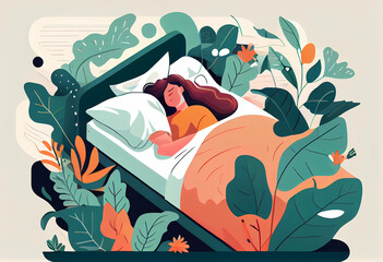 a woman dreaming in her sleep, about living in nature, illustration