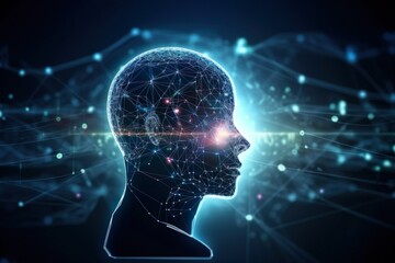 Illustrated head surrounded by neon lines and networks represents dynamic AI learning. Futuristic design showcases AI's potential, perfect for technology and science concepts. AI Generative