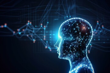 Illustrated head surrounded by neon lines and networks represents dynamic AI learning. Futuristic design showcases AI's potential, perfect for technology and science concepts. AI Generative