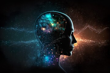 Illustrated head surrounded by neon lines and networks represents dynamic AI learning. Futuristic design showcases AI's potential, perfect for technology and science concepts. AI Generative