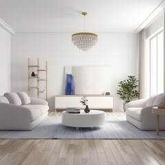 Naklejka na ściany i meble Aesthetic White Living Room Mockup, Generative AI