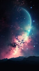 Fototapeta premium Abstract outer space endless nebula galaxy background. Large view of a colorful dark nebula in space. Cosmic background with bright shining stars, galaxies, and a deep universe. Generative ai 