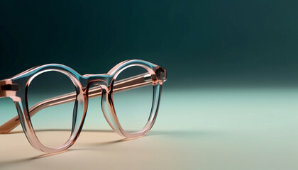 Translucent eyeglass frames on a blurred turquoise background. Generative AI - obrazy, fototapety, plakaty