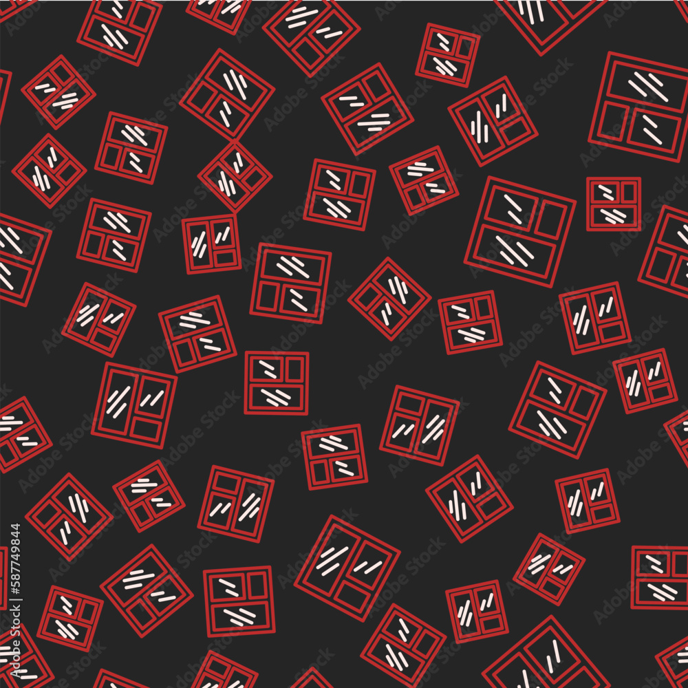 Poster line window in room icon isolated seamless pattern on black background. vector