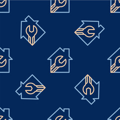 Fototapeta premium Line House or home with wrench spanner icon isolated seamless pattern on blue background. Adjusting, service, setting, maintenance, repair, fixing. Vector