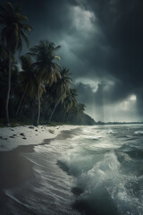 Obraz na płótnie Canvas Heavy storm on tropical island, white sand coast and palm trees, dramatic light, dark cloudy sky, drone view, realistic landscape. Generative AI