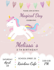 Pony theme cute invitation card template for child baby girl unicorn colors illustration 