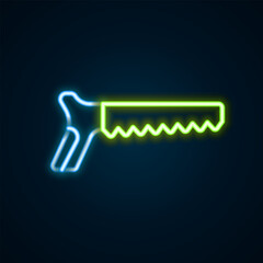 Glowing neon line Hand saw icon isolated on black background. Colorful outline concept. Vector