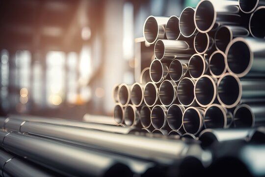  a stack of steel pipes in a warehouse or factory with a blurry background.  generative ai