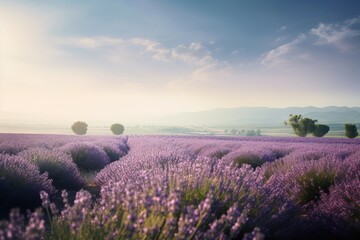Fototapeta na wymiar a field of lavender flowers in the sun with mountains in the background. generative ai