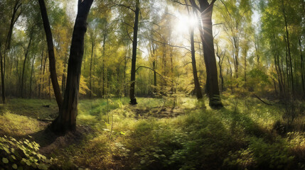 Panoramic view of a forest with sunlight shining throught, nature, forests