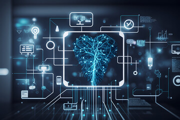 Obraz premium Medical icon network connection with modern virtual screen interface on hospital background, medicine technology network concept made with Generative AI
