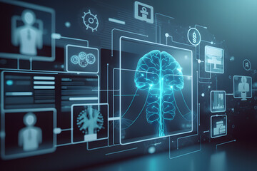 Medical icon network connection with modern virtual screen interface on hospital background, medicine technology network concept made with Generative AI