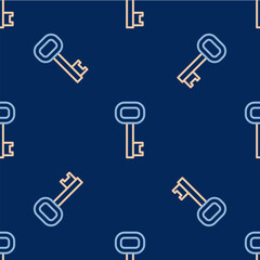 Line Old key icon isolated seamless pattern on blue background. Vector