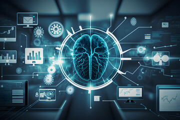 Medical icon network connection with modern virtual screen interface on hospital background, medicine technology network concept made with Generative AI
