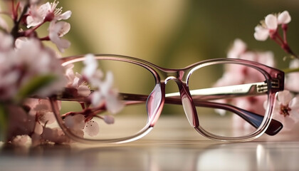 Translucent eyeglass frames and flowers on the table. Generative AI