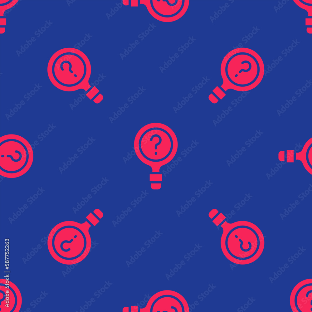 Poster red unknown search icon isolated seamless pattern on blue background. magnifying glass and question 