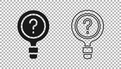 Black Unknown search icon isolated on transparent background. Magnifying glass and question mark. Vector