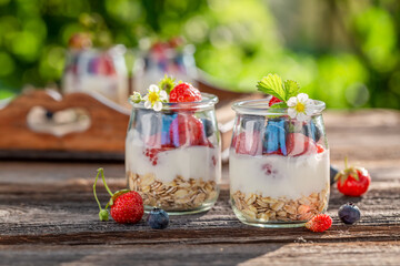 Healthy granola with oat flakes and yoghurt in jar.