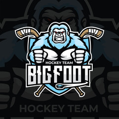 yeti mascot logo for the ice hockey team logo. vector illustration. With a combination of shields badge, puck and ice hockey stick - obrazy, fototapety, plakaty
