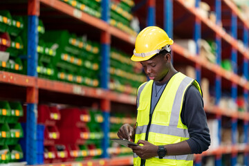 Warehouse workers checking the inventory. Products on inventory shelves storage. .Worker Doing...