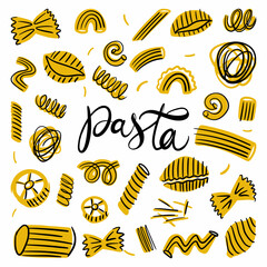 Vector collection of various pasta hand-drawn in doodle style