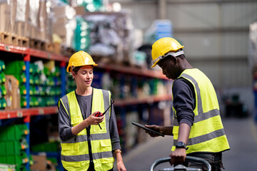 Warehouse workers checking the inventory. Products on inventory shelves storage. .Worker Doing Inventory in Warehouse. Dispatcher in uniform making inventory in storehouse.