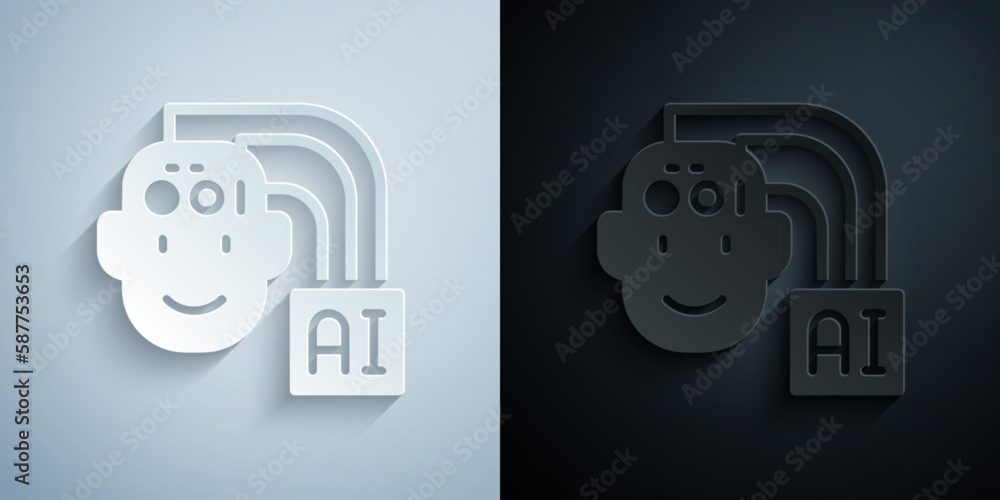 Poster paper cut humanoid robot icon isolated on grey and black background. artificial intelligence, machin