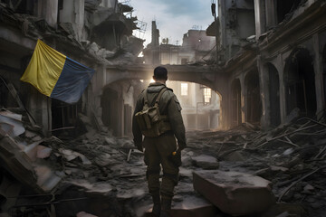 A lone soldier walks through the war-torn city between destroyed buildings, Ukrainian flag on the house, Generative AI