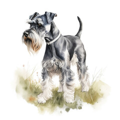 Watercolor style portrait of a Schnauzer dog on a walk in a park. Pastel colors. AI generated.