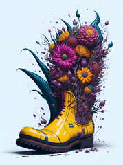 Vintage boots with flowers splash. AI generated illustration