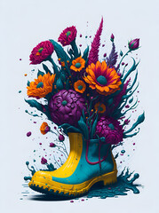 Vintage boots with flowers splash. AI generated illustration