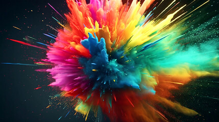 colorful rainbow holi paint color powder explosion isolated on dark black background. Generated AI
