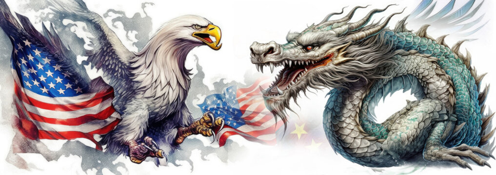 American eagle and Chinese dragon with corresponding country flags. Concept for economic trade. Generative AI