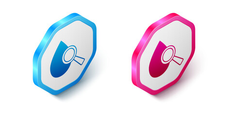 Isometric Drop and magnifying glass icon isolated on white background. Hexagon button. Vector