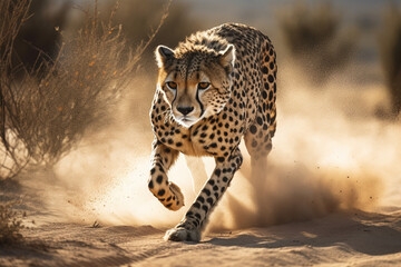 Cheetah running across a dusty African plain. AI generated illustration.