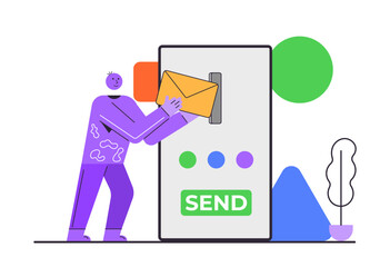 Info symbol with information stand for support and help tiny persons concept. Customers place for data search. Vector illustration