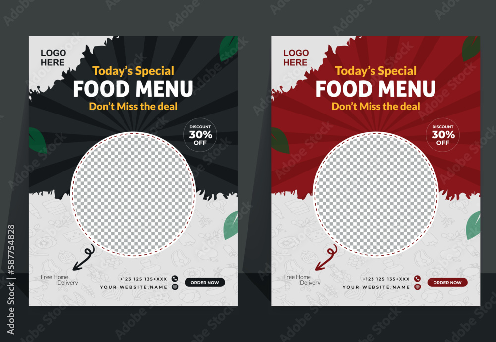 Wall mural fast food flyer design template cooking, cafe and restaurant menu, food ordering, junk food. vector 