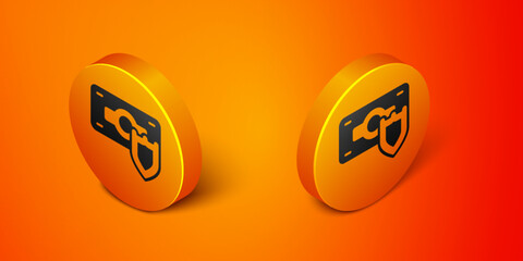 Isometric Money with shield icon isolated on orange background. Insurance concept. Security, safety, protection, protect concept. Orange circle button. Vector