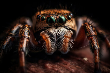 Very close and detailed macro portrait of a spider against a dark background. Generative ai