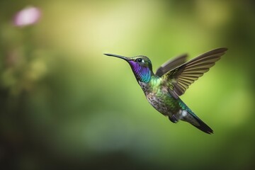 Fototapeta na wymiar a hummingbird flying in the air with a blurry background. generative ai