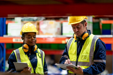 Warehouse workers checking the inventory. Products on inventory shelves storage. .Worker Doing Inventory in Warehouse. Dispatcher in uniform making inventory in storehouse. supply chain concept